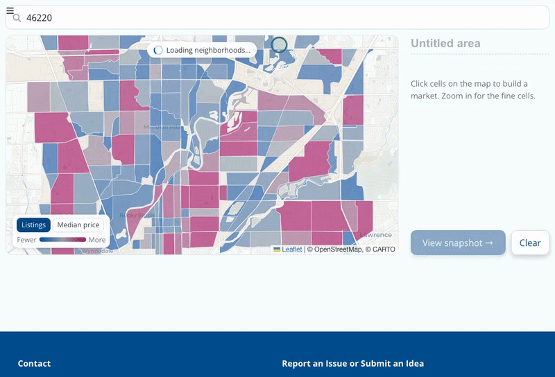 Click cells to assemble a hyperlocal market. The stats update as you build.
