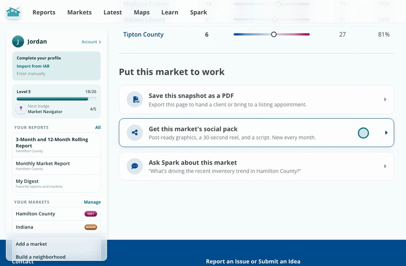 PDF, social pack or Spark, one click each.