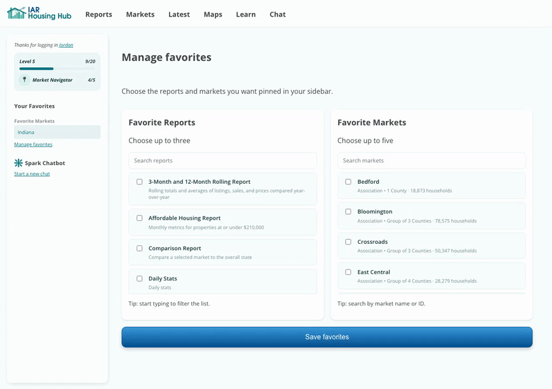 Pick markets and reports together, then Save.