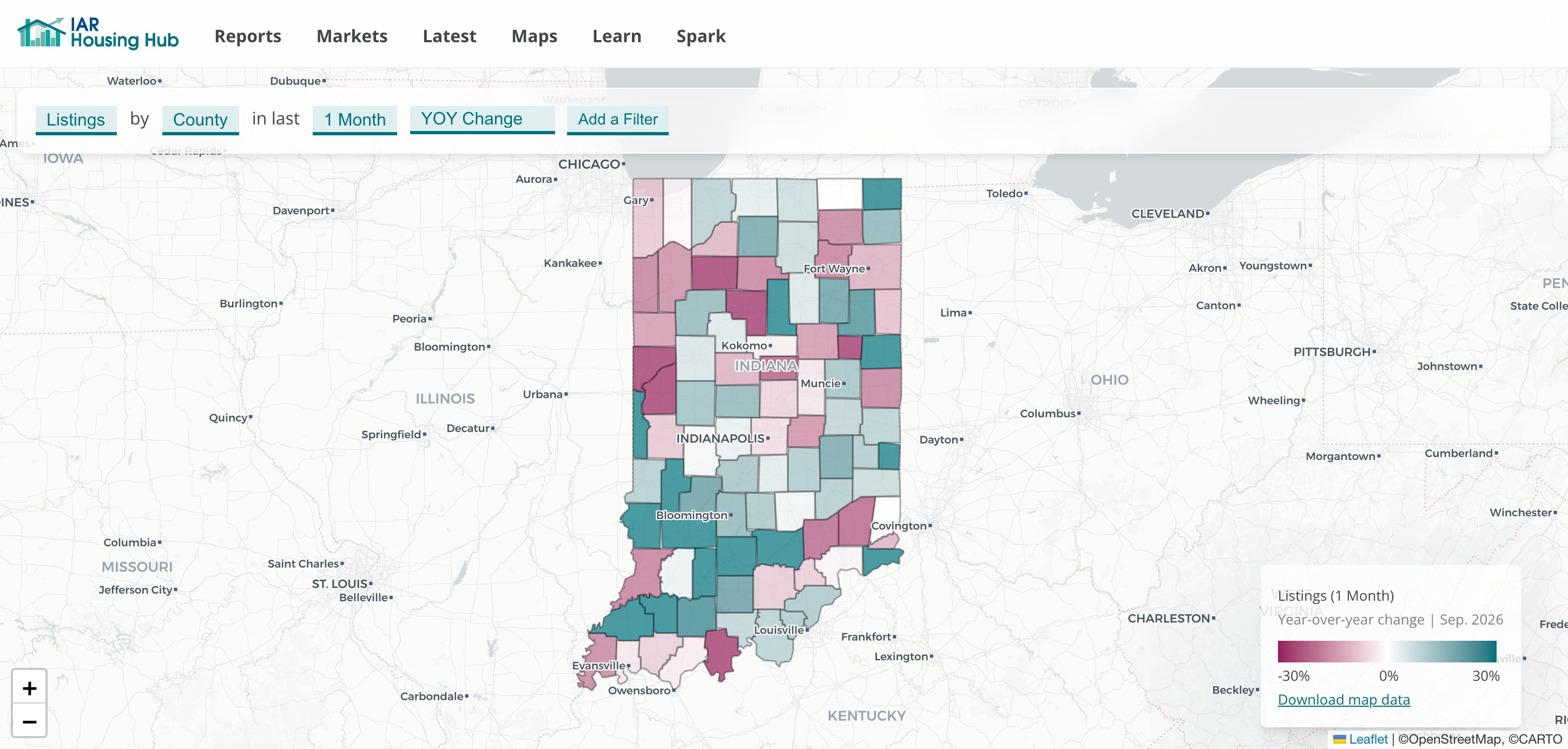 Map of year-over-year change in new listings by Indiana county, September 2026