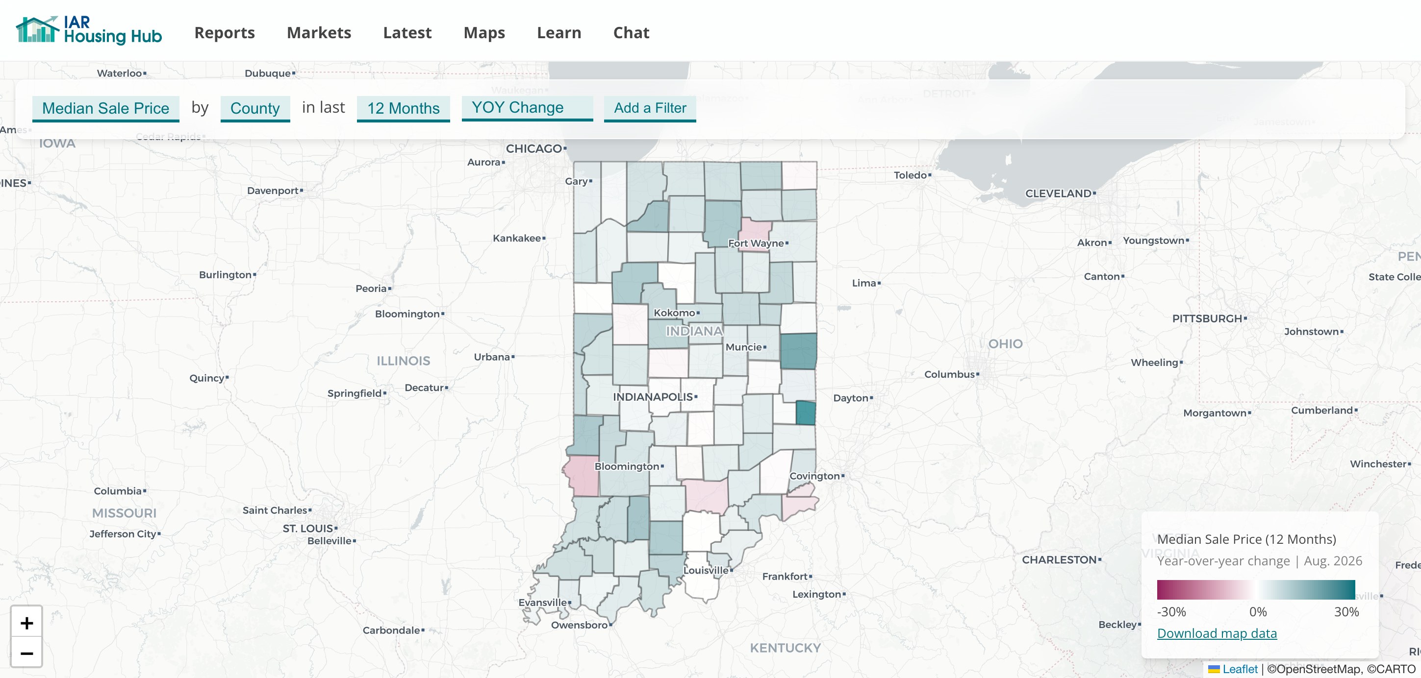Map of year-over-year change in 12-month median sale price by Indiana county