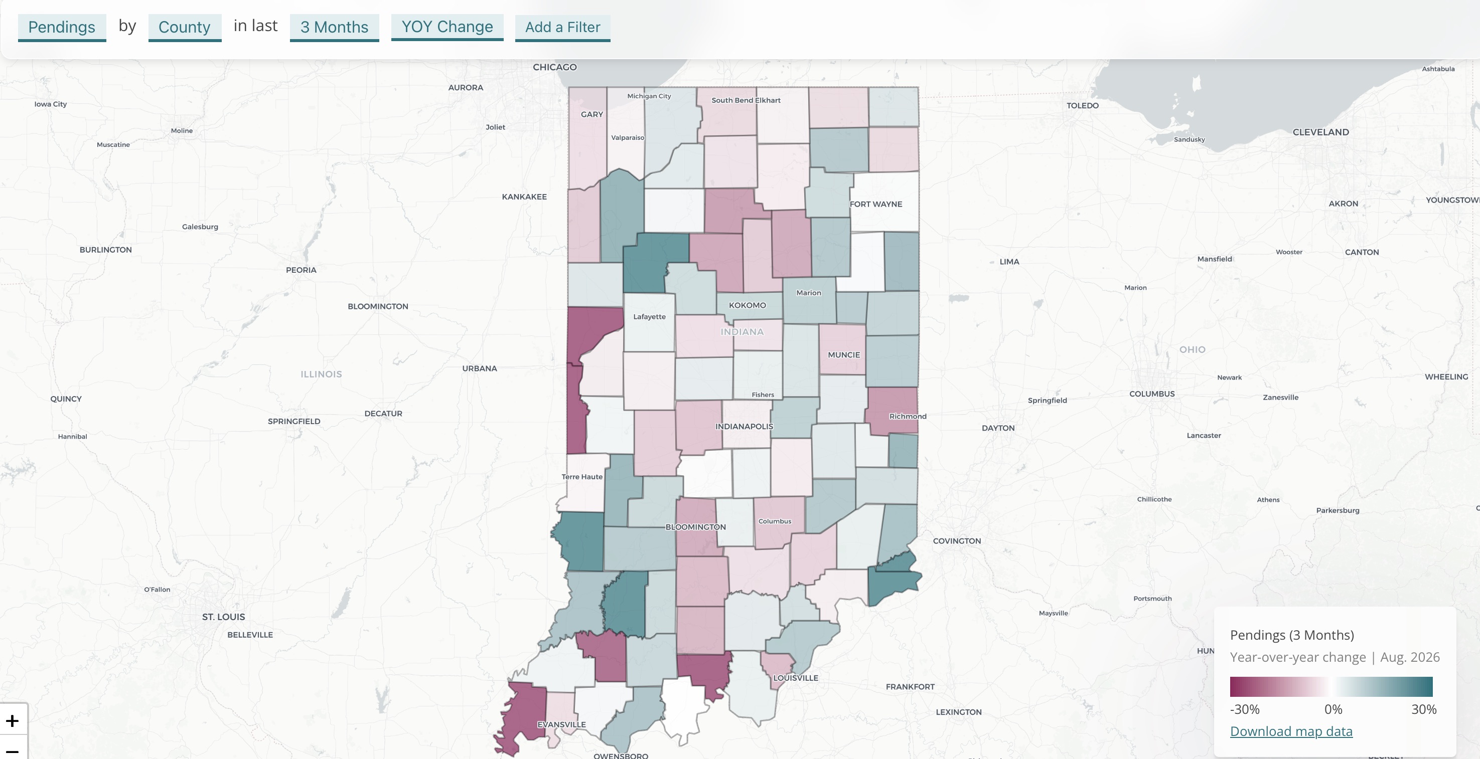 Interactive county map of year-over-year change in pending sales, last three months