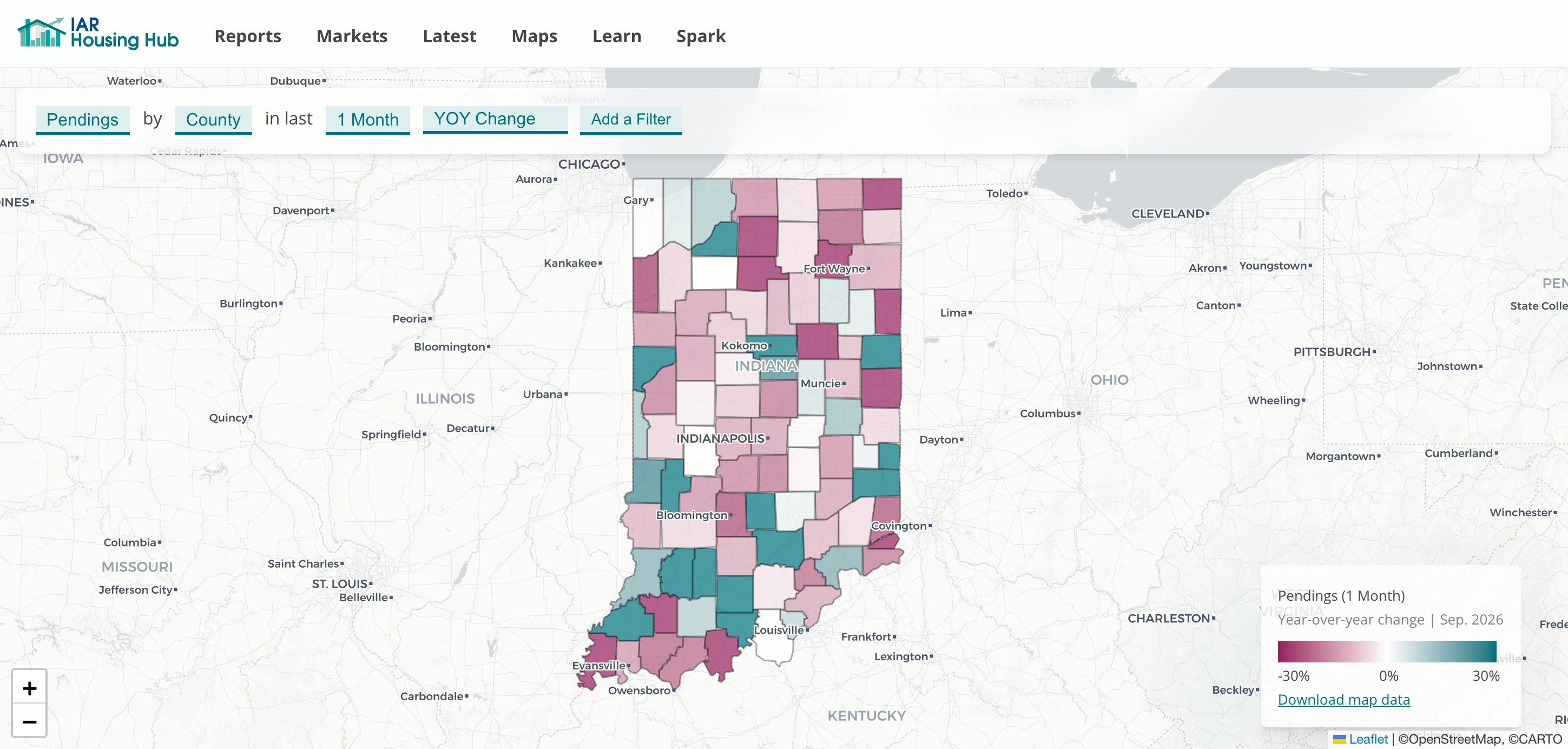 Map of year-over-year change in new pending contracts by Indiana county, September 2026
