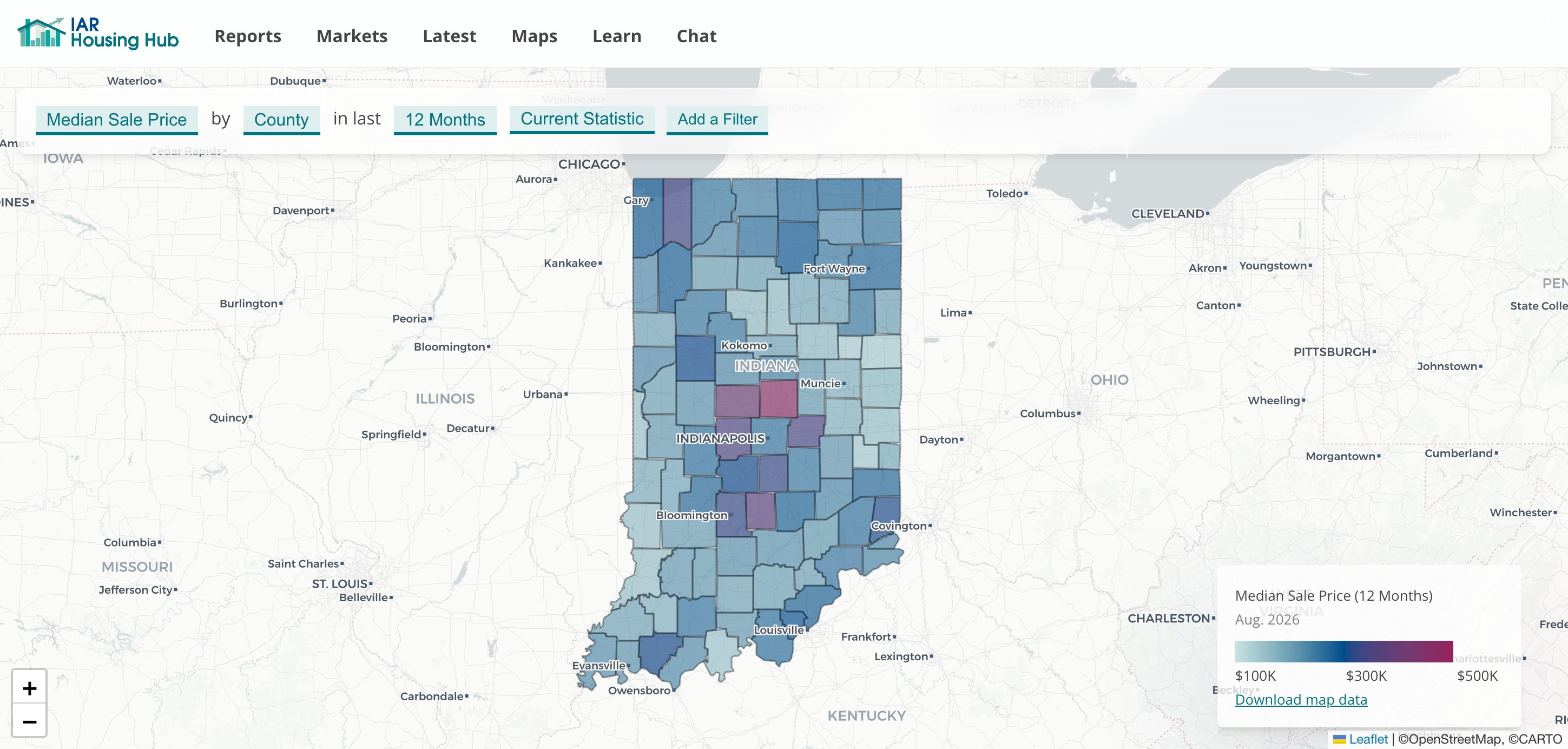 Map of 12-month median sale price by Indiana county
