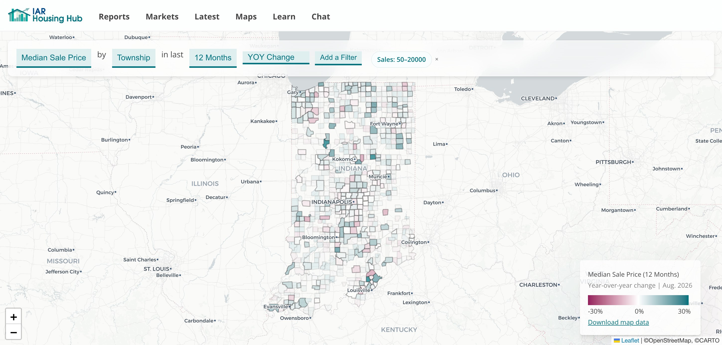 Map of year-over-year change in 12-month median sale price by township, townships with at least 50 sales